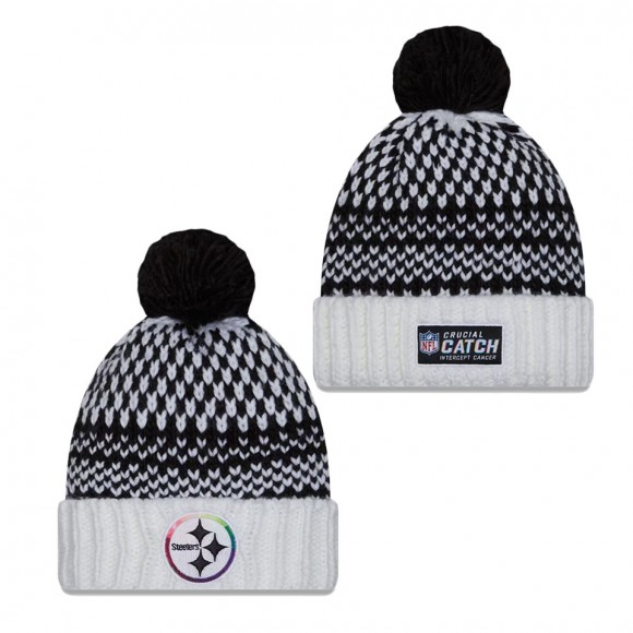 Women's Pittsburgh Steelers Black White 2023 NFL Crucial Catch Cuffed Pom Knit Hat